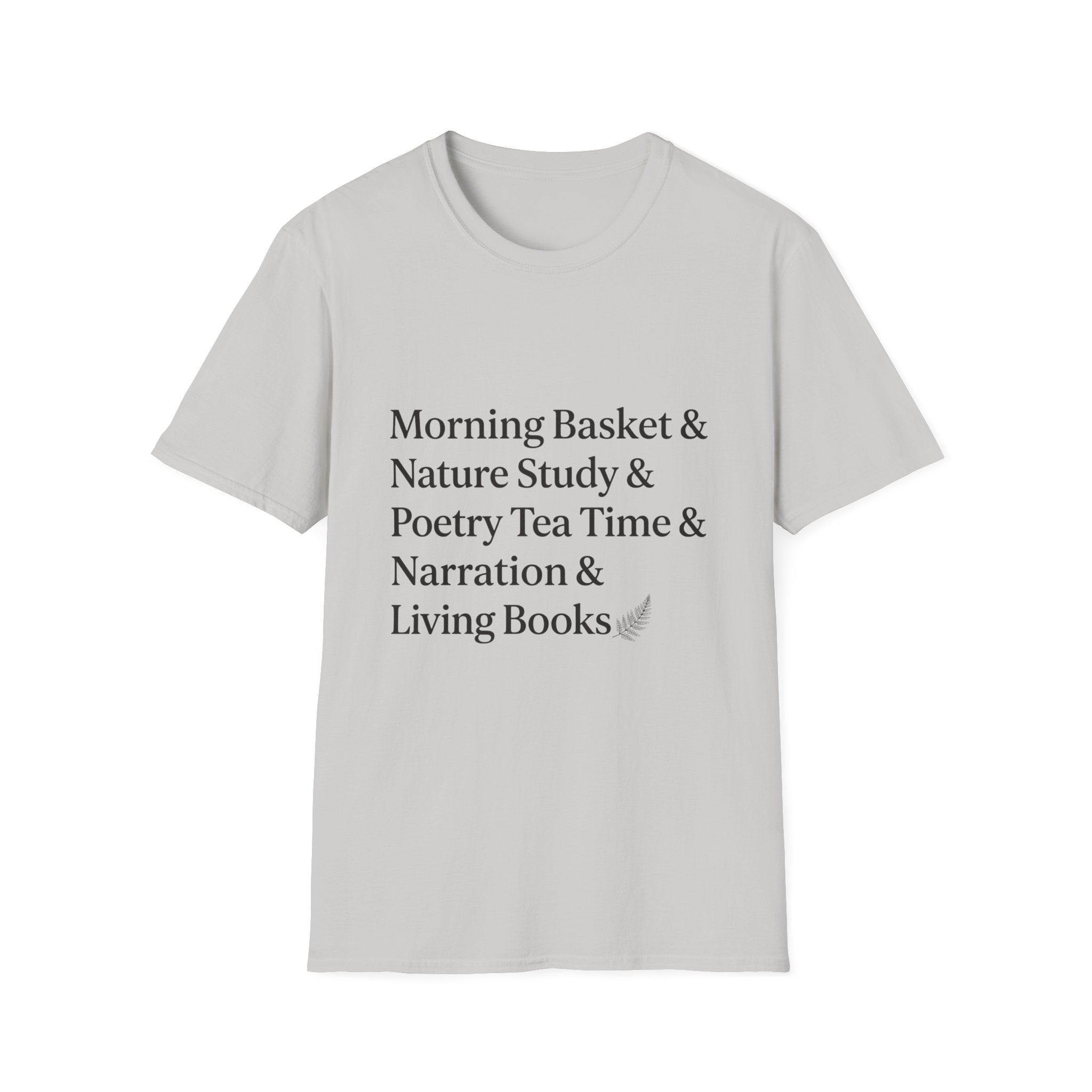 Living Books Check List homeschool mom graphic t-shirt with a playful checklist-style homeschool graphic with bookish and nature-inspired details