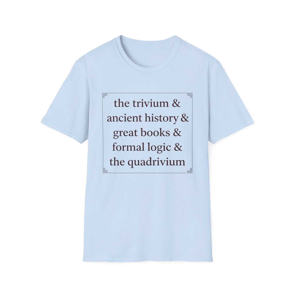 Trivium Check List homeschool mom graphic t-shirt with a playful checklist-style homeschool graphic with bookish and nature-inspired details