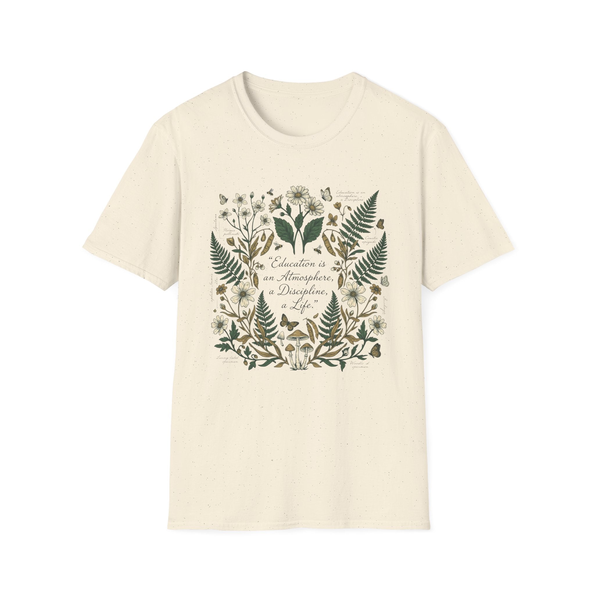 Education Is homeschool mom graphic t-shirt with a Charlotte Mason-inspired design with books, nature details, and vintage homeschool charm