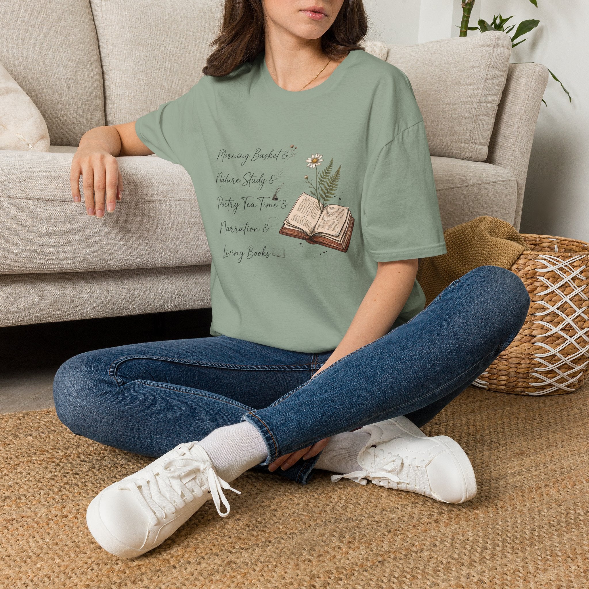 CM Homeschool Check List homeschool mom graphic t-shirt with a playful checklist-style homeschool graphic with bookish and nature-inspired details