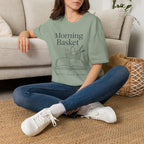 Morning Basket homeschool mom graphic t-shirt with a cozy morning basket-inspired design with books, gentle details, and home learning charm