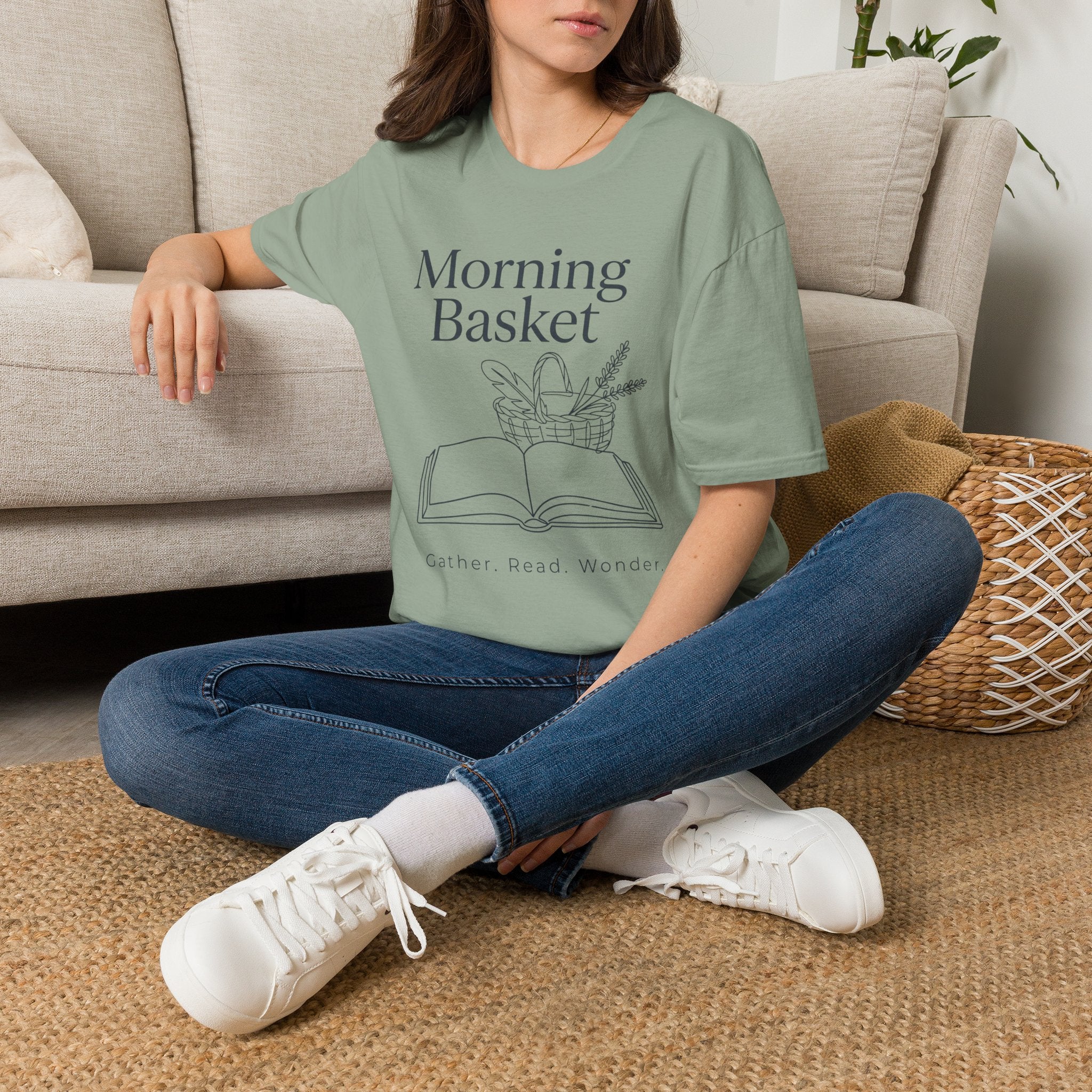 Morning Basket homeschool mom graphic t-shirt with a cozy morning basket-inspired design with books, gentle details, and home learning charm