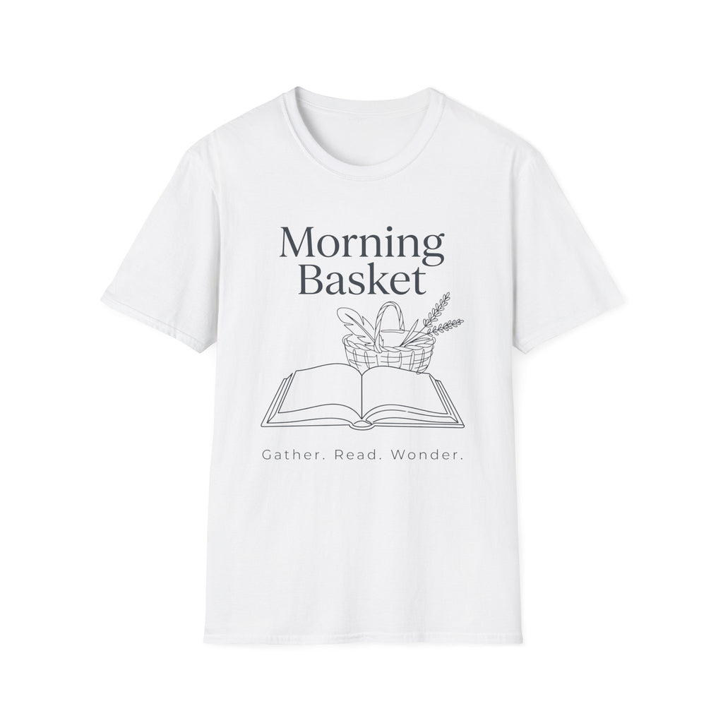 Morning Basket homeschool mom graphic t-shirt with a cozy morning basket-inspired design with books, gentle details, and home learning charm