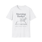 Morning Basket homeschool mom graphic t-shirt with a cozy morning basket-inspired design with books, gentle details, and home learning charm