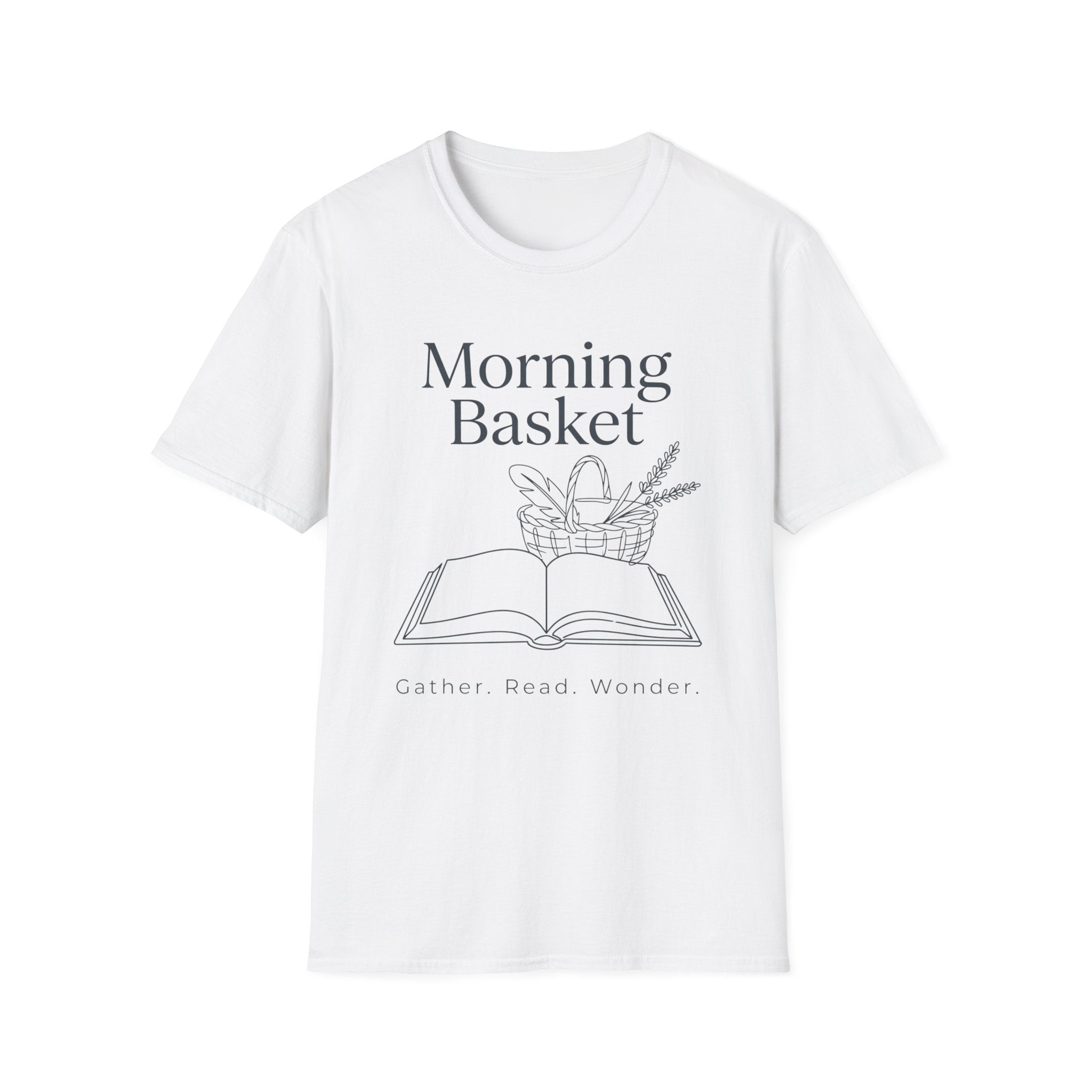Morning Basket homeschool mom graphic t-shirt with a cozy morning basket-inspired design with books, gentle details, and home learning charm