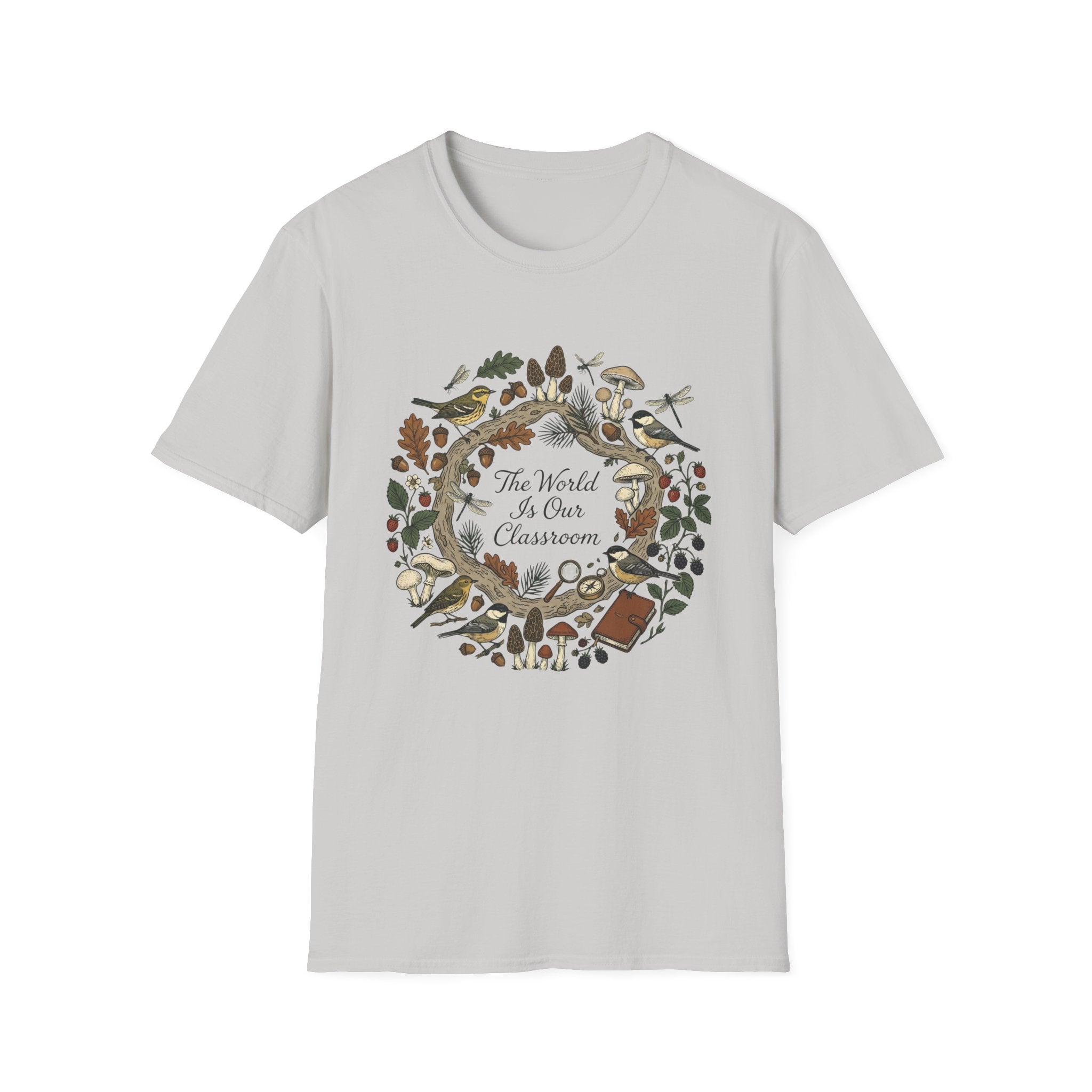The World Is Our Classroom homeschool mom graphic t-shirt with an adventurous homeschool graphic with nature, books, and outdoor learning energy