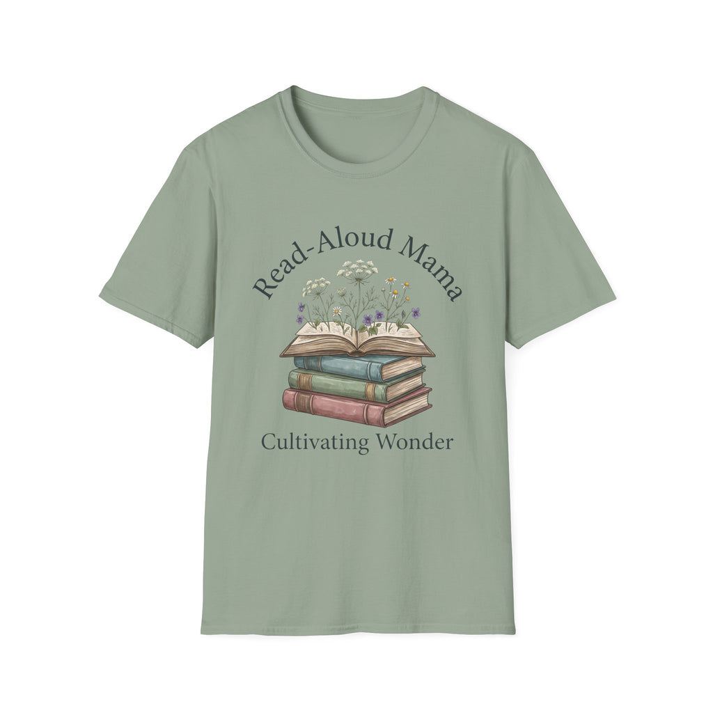 Read Aloud Mama homeschool mom graphic t-shirt with a sweet read-aloud design with stacked books, florals, and gentle homeschool charm