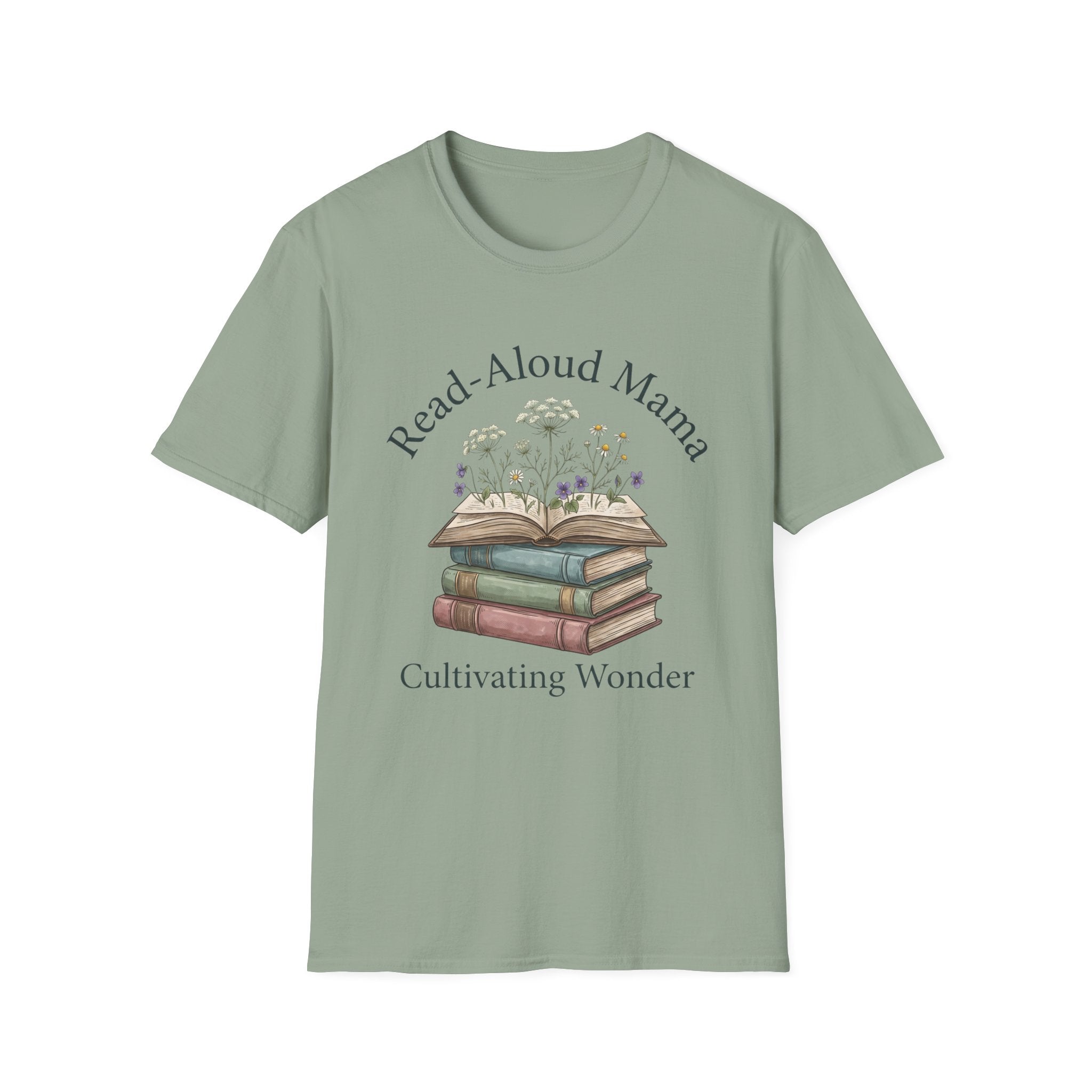 Read Aloud Mama homeschool mom graphic t-shirt with a sweet read-aloud design with stacked books, florals, and gentle homeschool charm