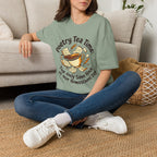 Poetry Tea Time homeschool mom graphic t-shirt with a cozy poetry teatime graphic with tea, books, and vintage homeschool charm