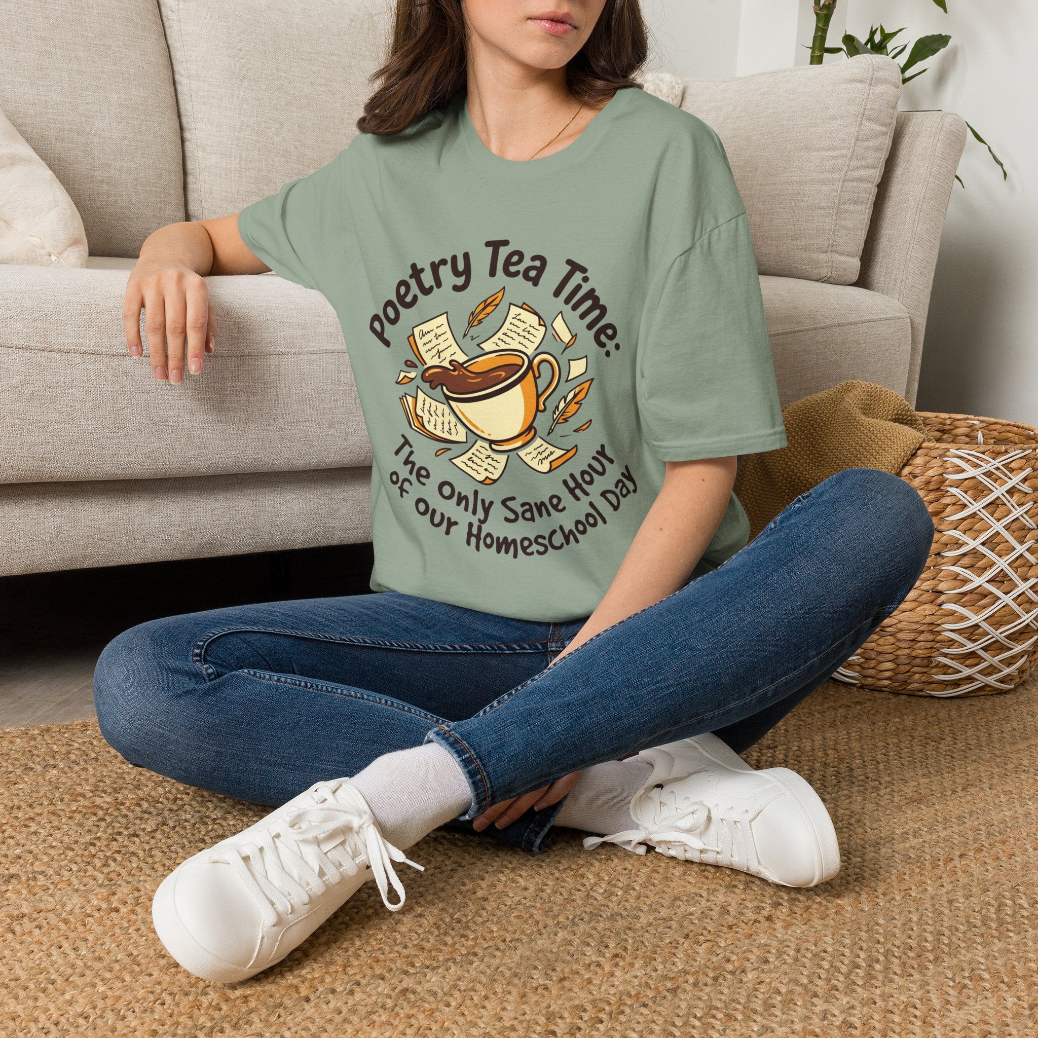 Poetry Tea Time homeschool mom graphic t-shirt with a cozy poetry teatime graphic with tea, books, and vintage homeschool charm