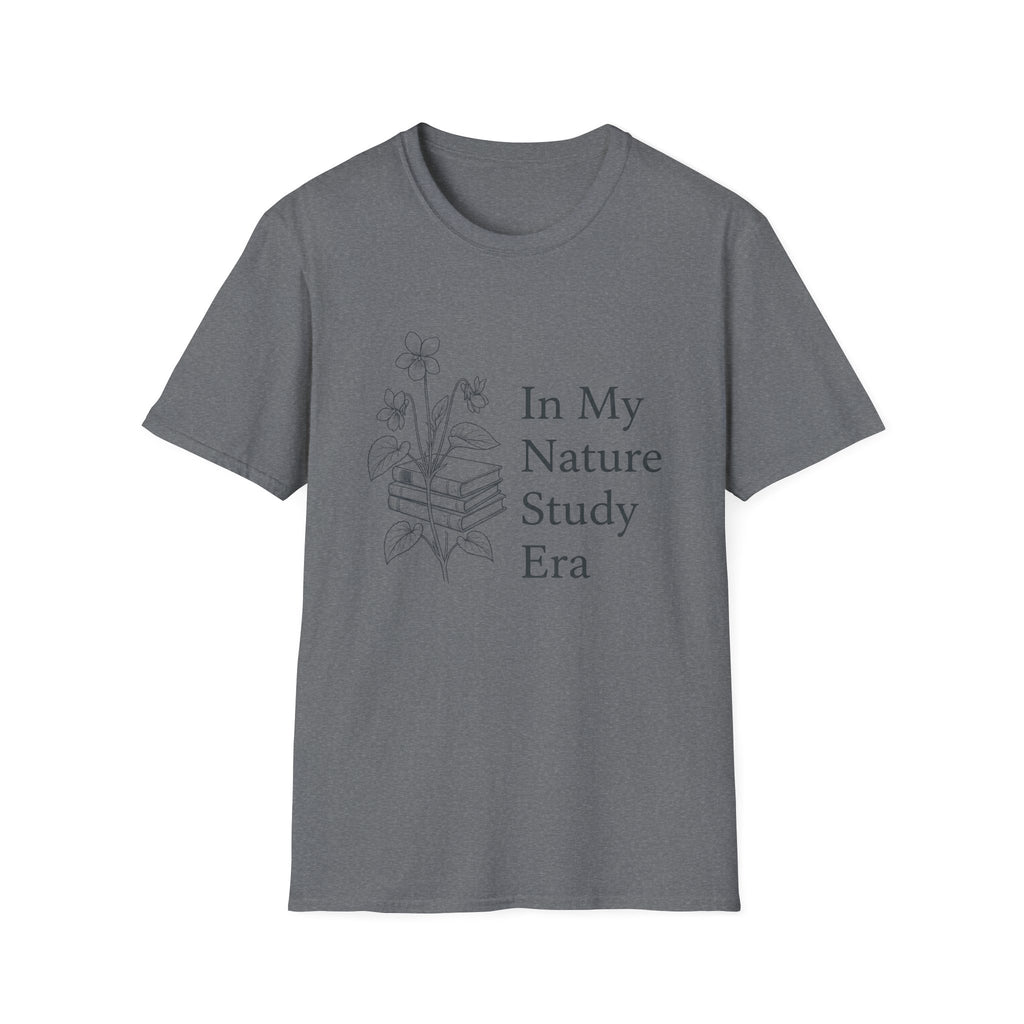 Nature Study Era homeschool mom graphic t-shirt with a Charlotte Mason-inspired design with books, nature details, and vintage homeschool charm