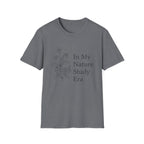 Nature Study Era homeschool mom graphic t-shirt with a Charlotte Mason-inspired design with books, nature details, and vintage homeschool charm