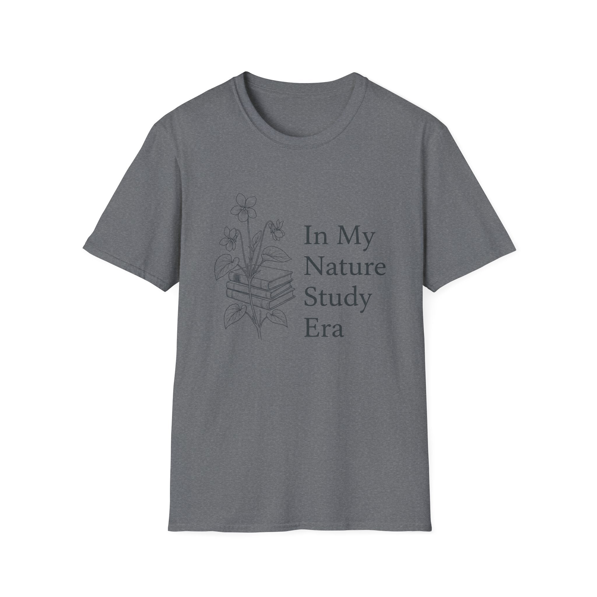 Nature Study Era homeschool mom graphic t-shirt with a Charlotte Mason-inspired design with books, nature details, and vintage homeschool charm