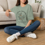 Homeschool Nature Study homeschool mom graphic t-shirt with a Charlotte Mason-inspired design with nature details, bookish elements, and classic homeschool lettering