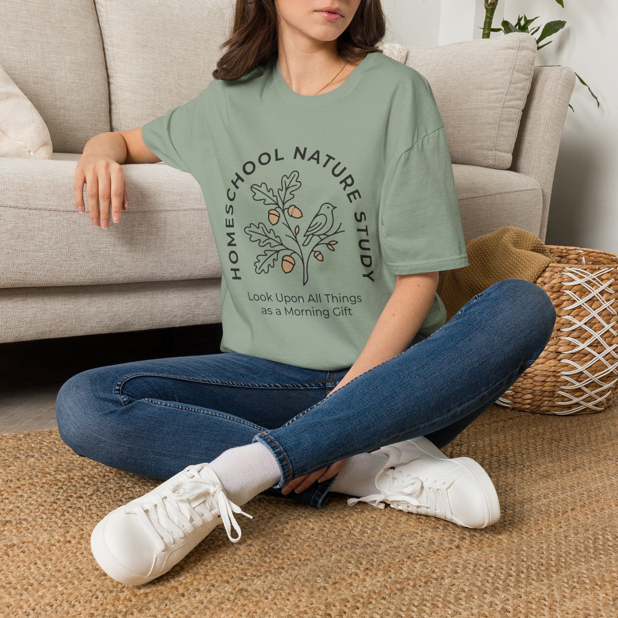 Homeschool Nature Study homeschool mom graphic t-shirt with a Charlotte Mason-inspired design with nature details, bookish elements, and classic homeschool lettering