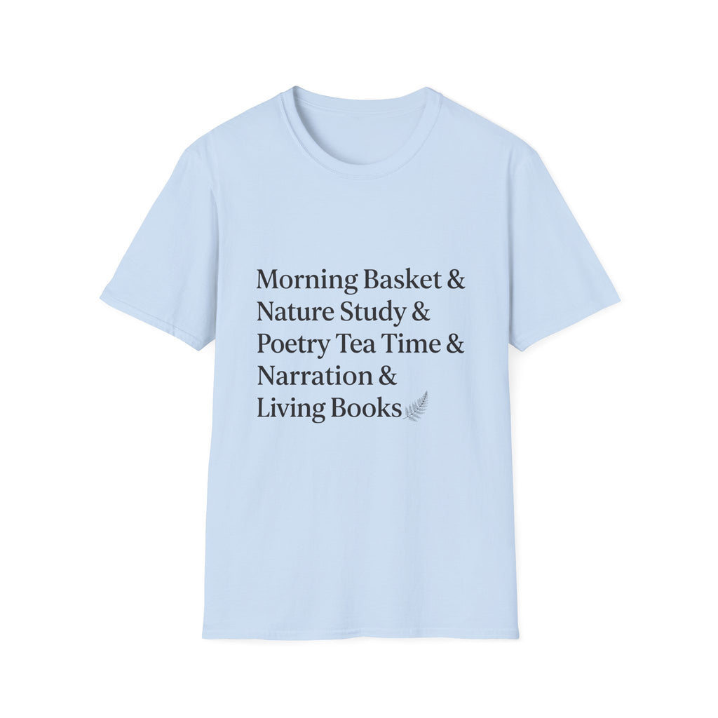 Living Books Check List homeschool mom graphic t-shirt with a playful checklist-style homeschool graphic with bookish and nature-inspired details
