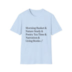 Living Books Check List homeschool mom graphic t-shirt with a playful checklist-style homeschool graphic with bookish and nature-inspired details