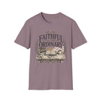 Faithful In The Ordinary homeschool mom graphic t-shirt with a faith-filled homeschool design with gentle lettering and classic illustrative details