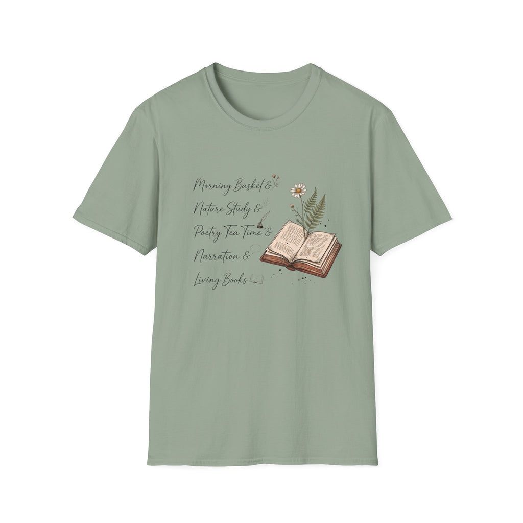 CM Homeschool Check List homeschool mom graphic t-shirt with a playful checklist-style homeschool graphic with bookish and nature-inspired details