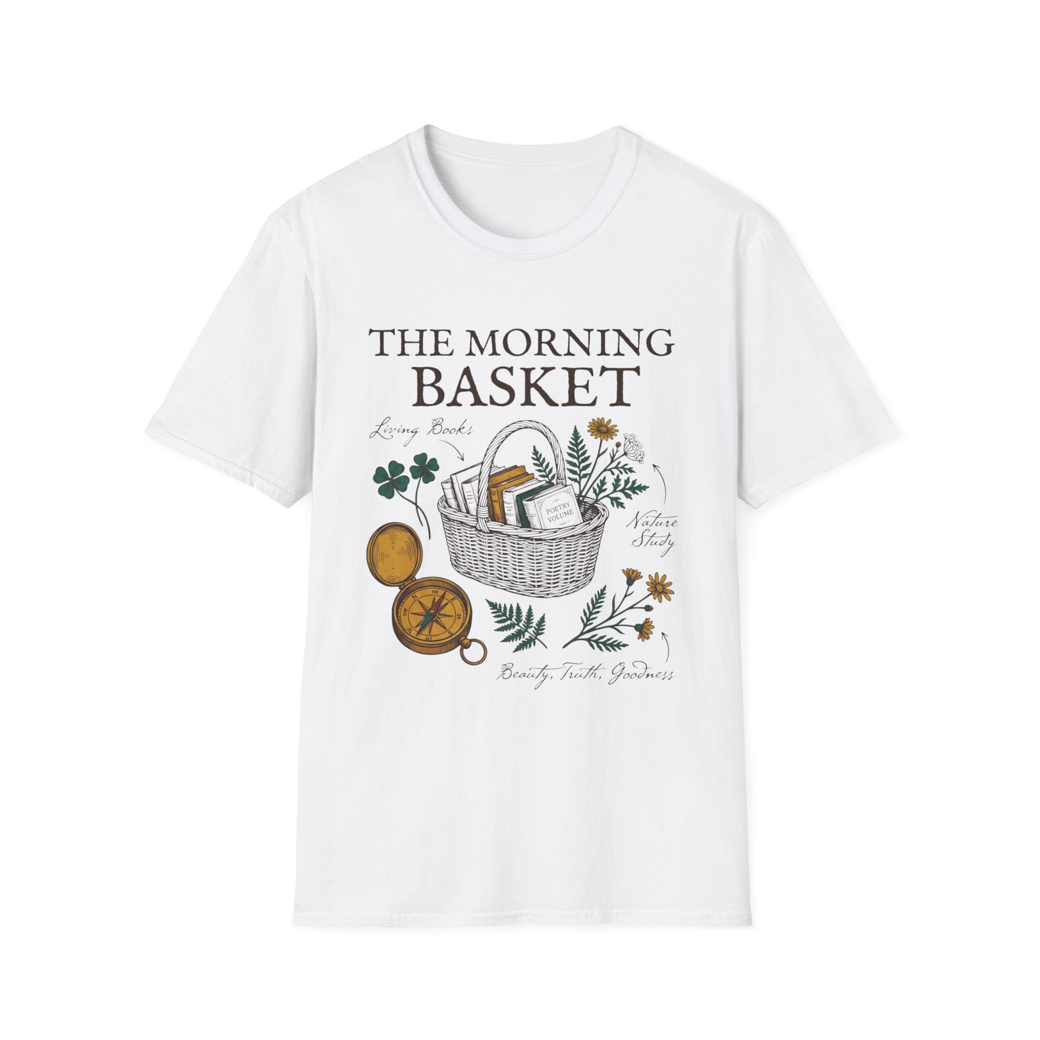 The Morning Basket homeschool mom graphic t-shirt with a cozy morning basket-inspired design with books, gentle details, and home learning charm