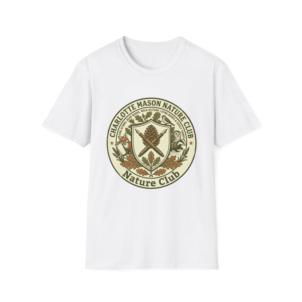 Charlotte Mason Nature Club homeschool mom graphic t-shirt with a Charlotte Mason-inspired design with books, nature details, and vintage homeschool charm
