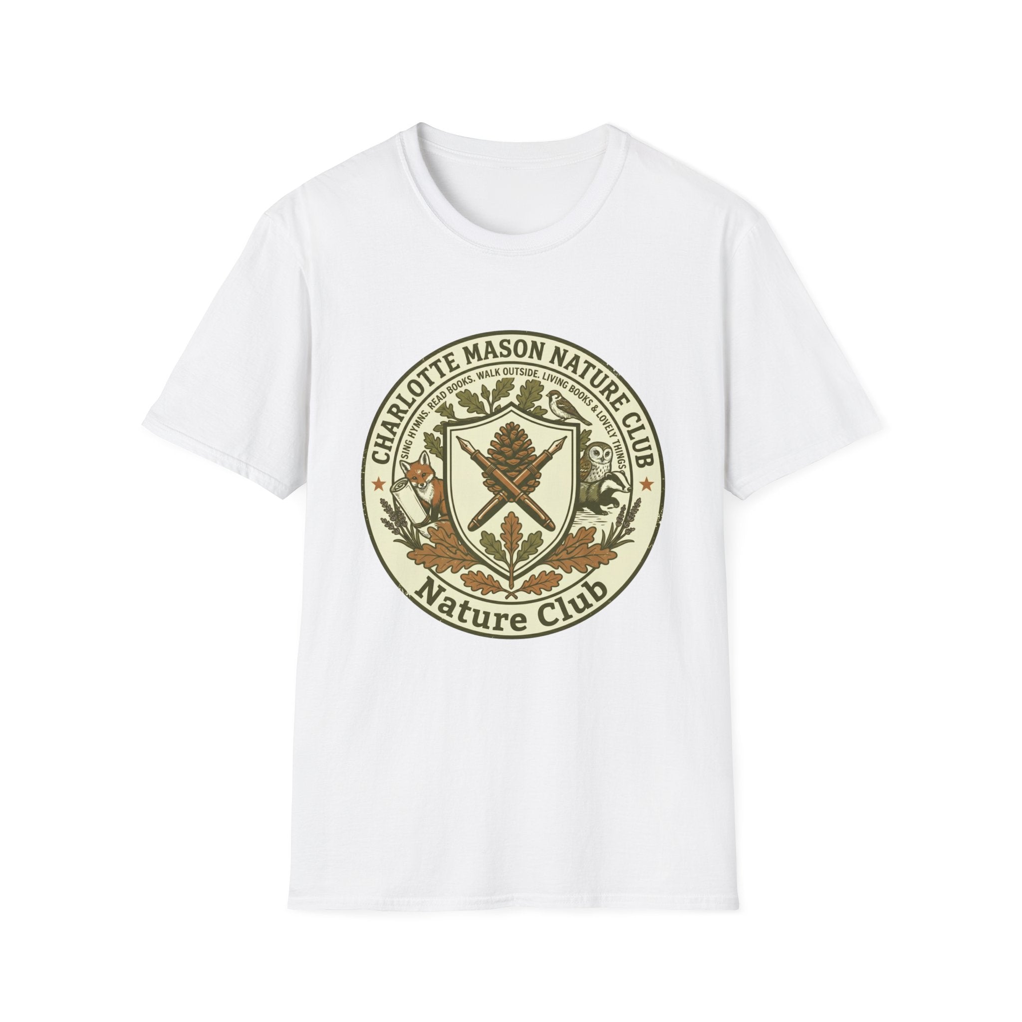 Charlotte Mason Nature Club homeschool mom graphic t-shirt with a Charlotte Mason-inspired design with books, nature details, and vintage homeschool charm