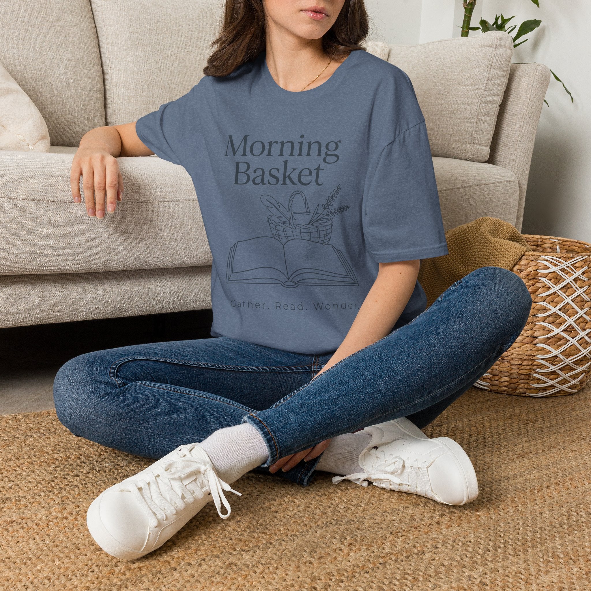 Morning Basket homeschool mom graphic t-shirt with a cozy morning basket-inspired design with books, gentle details, and home learning charm