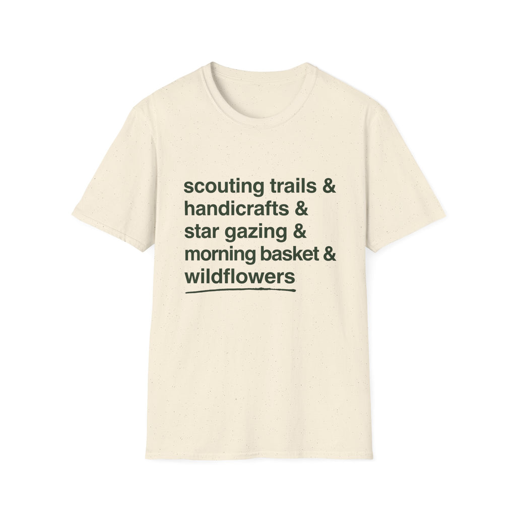 Scouting Trails Check List homeschool mom graphic t-shirt with a playful checklist-style homeschool graphic with bookish and nature-inspired details