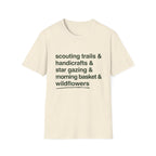 Scouting Trails Check List homeschool mom graphic t-shirt with a playful checklist-style homeschool graphic with bookish and nature-inspired details