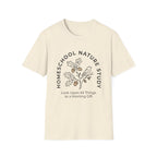 Homeschool Nature Study homeschool mom graphic t-shirt with a Charlotte Mason-inspired design with nature details, bookish elements, and classic homeschool lettering