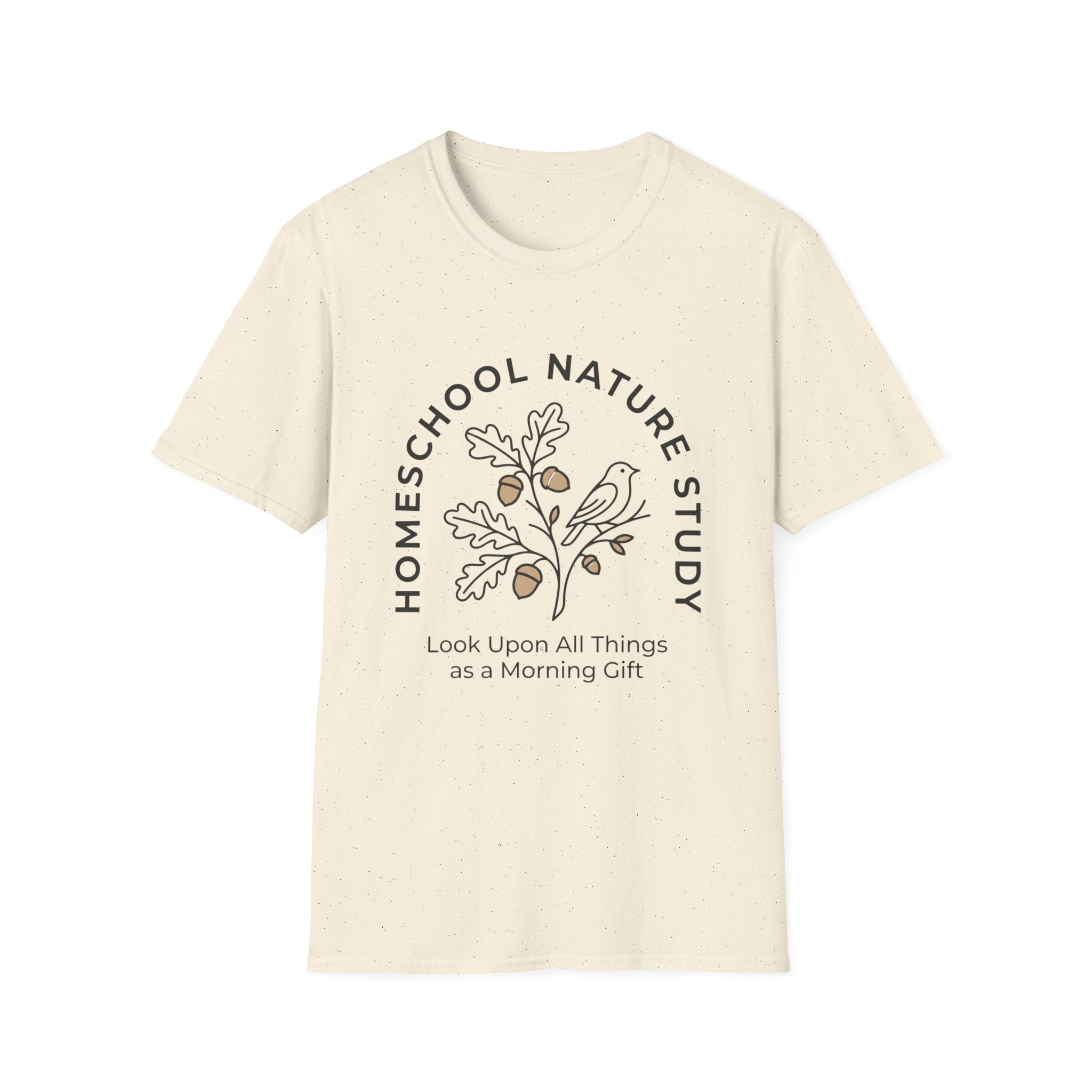 Homeschool Nature Study homeschool mom graphic t-shirt with a Charlotte Mason-inspired design with nature details, bookish elements, and classic homeschool lettering