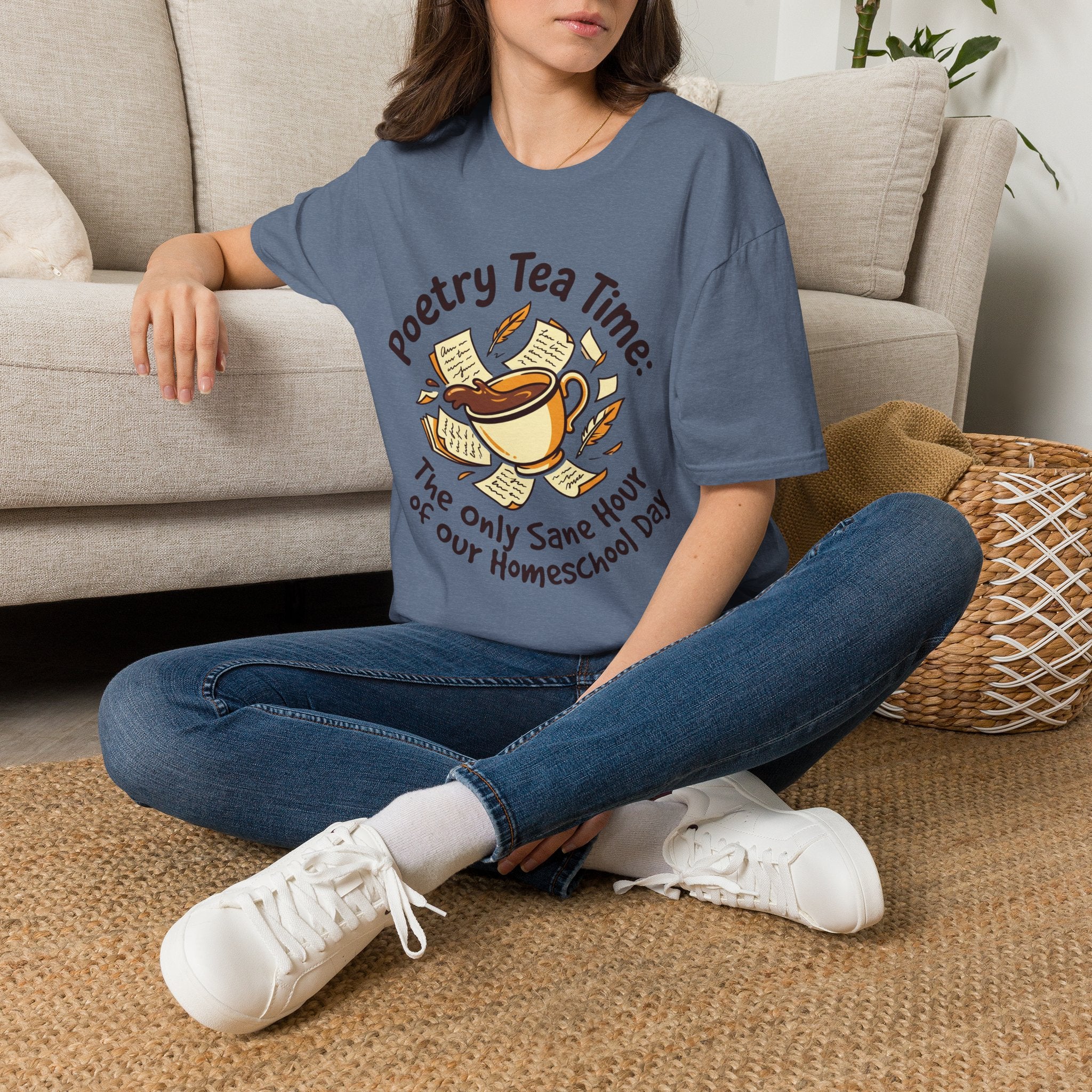 Poetry Tea Time homeschool mom graphic t-shirt with a cozy poetry teatime graphic with tea, books, and vintage homeschool charm