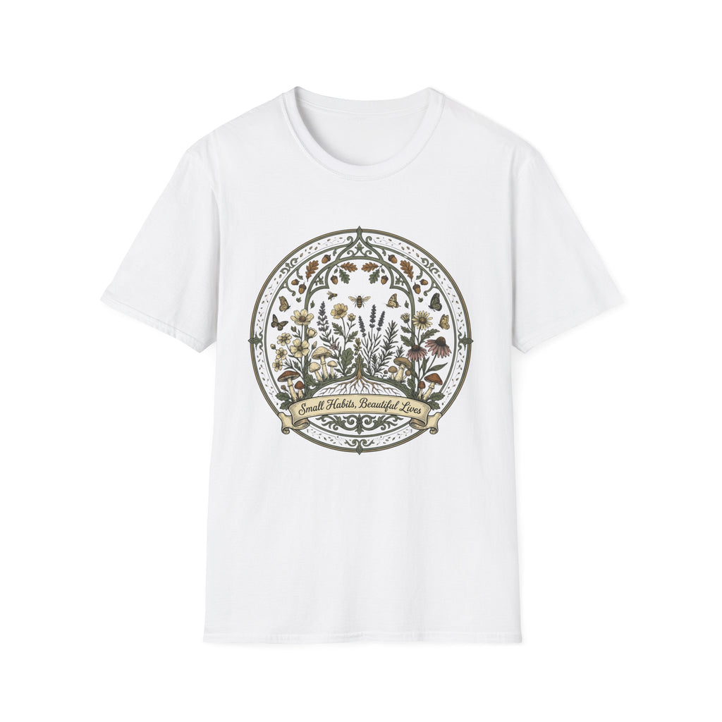Small Habits Beautiful Lives homeschool mom graphic t-shirt with a warm homeschool-inspired graphic with thoughtful lettering