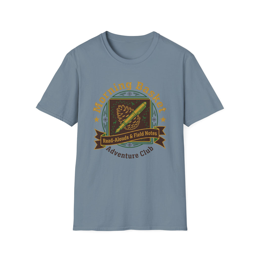 Morning Basket Adventure Club homeschool mom graphic t-shirt with a cozy morning basket-inspired design with books, gentle details, and home learning charm