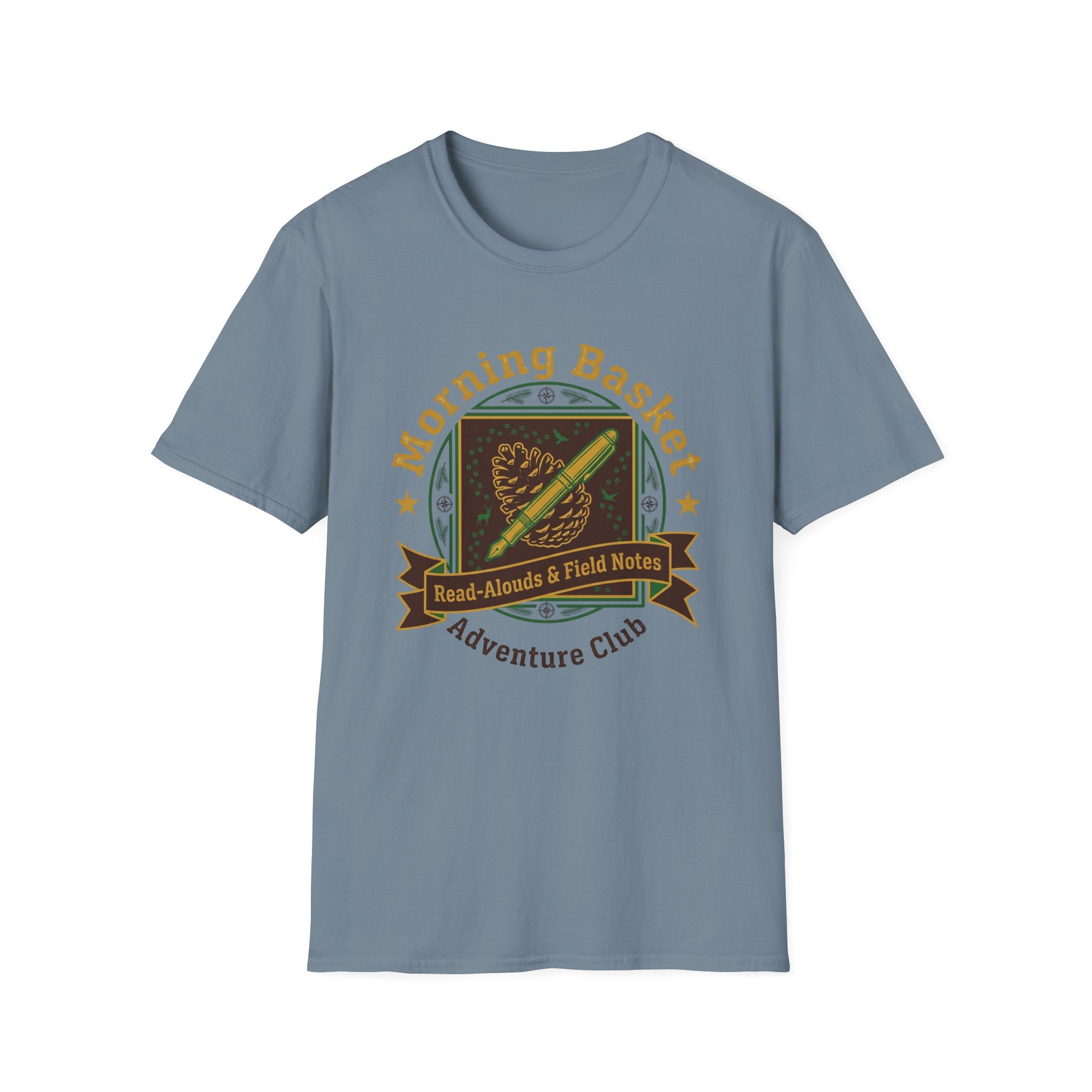 Morning Basket Adventure Club homeschool mom graphic t-shirt with a cozy morning basket-inspired design with books, gentle details, and home learning charm