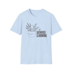Gathered And Growing homeschool mom graphic t-shirt with a gathered-at-home inspired graphic with books, florals, and cozy family learning details