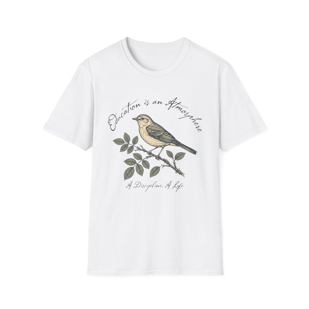 Education Is An Atmosphere T Shirt homeschool mom graphic t-shirt with a Charlotte Mason-inspired design with books, nature details, and vintage homeschool charm