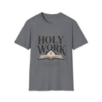 Holy Work Lesson By Lesson homeschool mom graphic t-shirt with a faith-filled homeschool design with gentle lettering and classic illustrative details