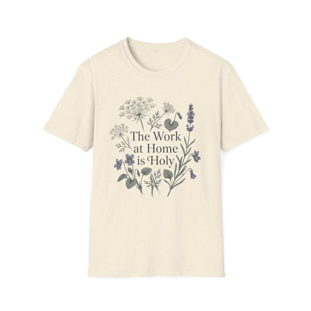 The Work At Home Is Holy homeschool mom graphic t-shirt with a gathered-at-home inspired graphic with books, florals, and cozy family learning details