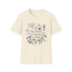 The Work At Home Is Holy homeschool mom graphic t-shirt with a gathered-at-home inspired graphic with books, florals, and cozy family learning details