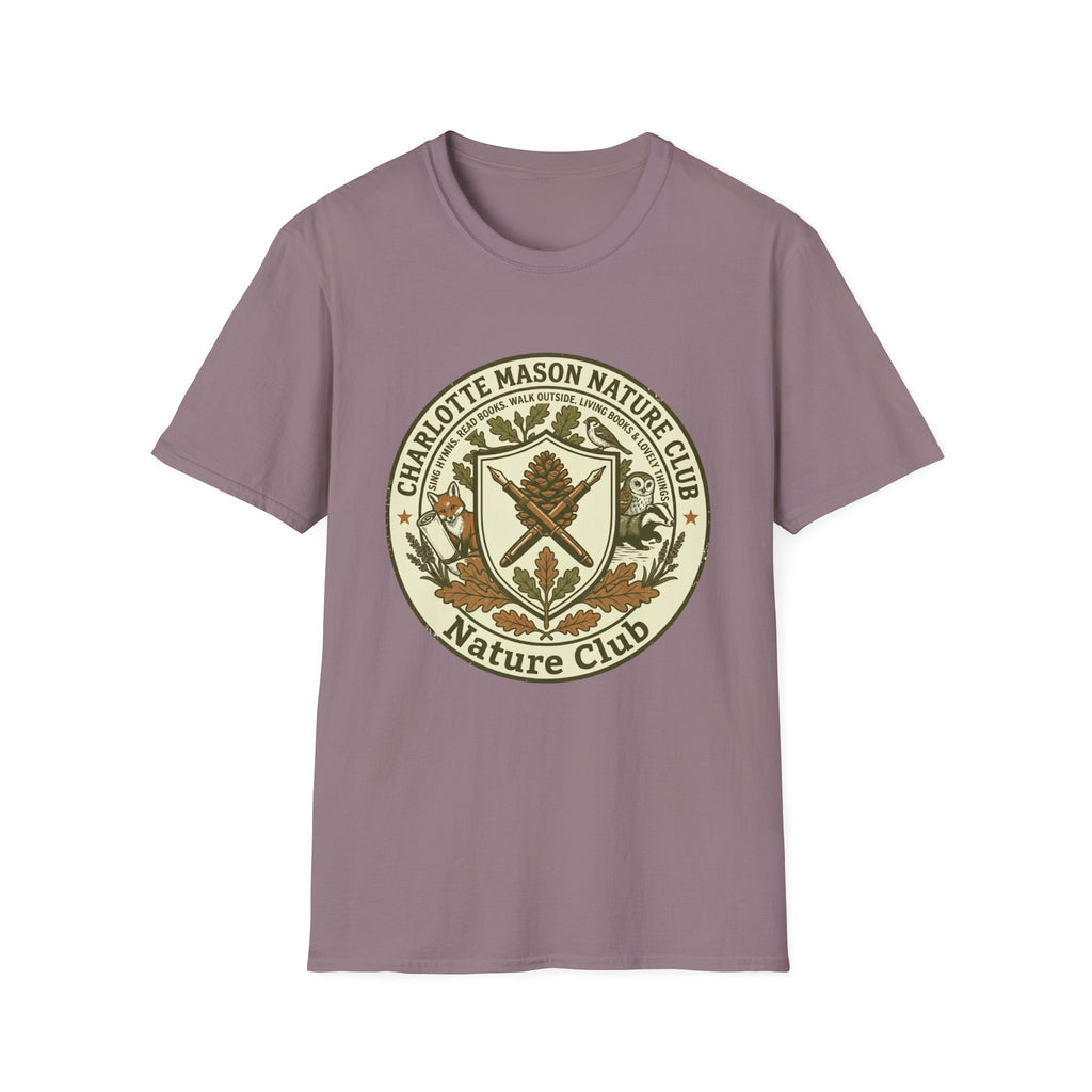 Charlotte Mason Nature Club homeschool mom graphic t-shirt with a Charlotte Mason-inspired design with books, nature details, and vintage homeschool charm