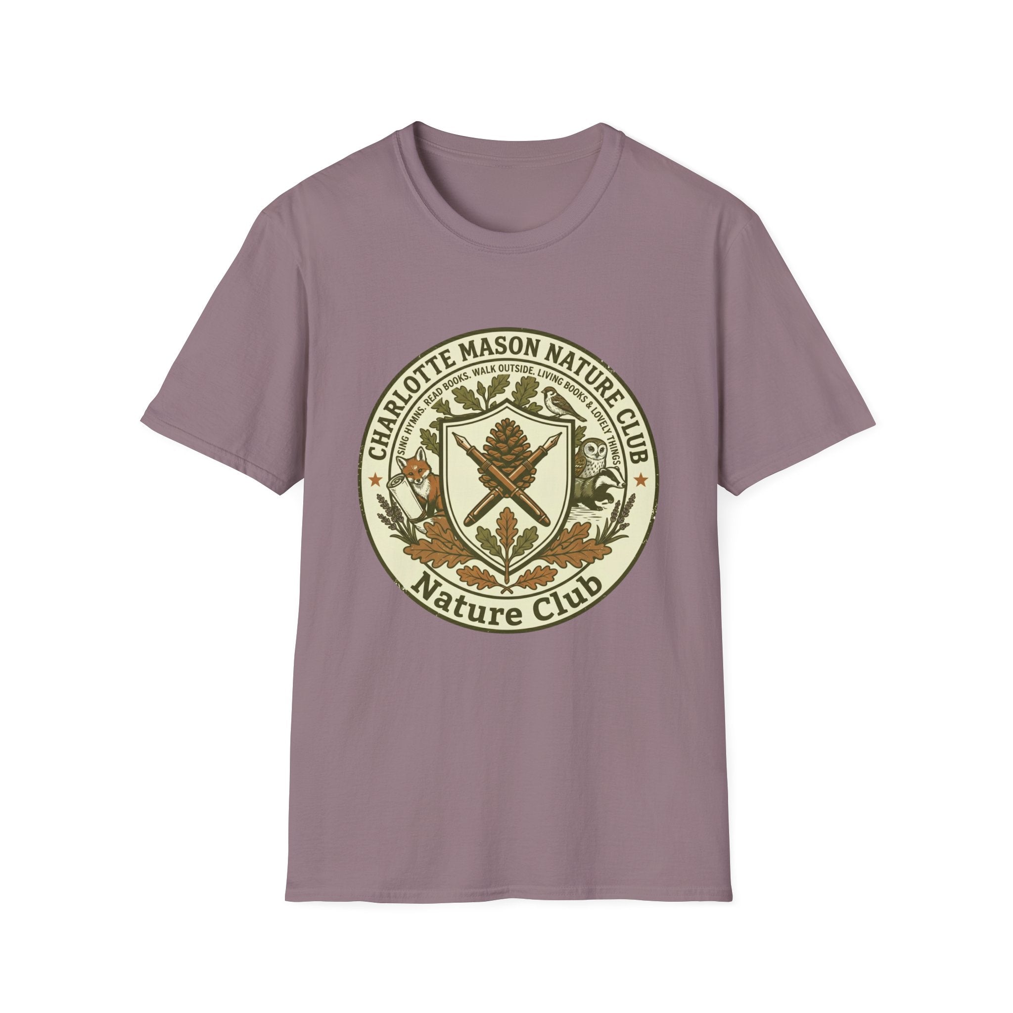 Charlotte Mason Nature Club homeschool mom graphic t-shirt with a Charlotte Mason-inspired design with books, nature details, and vintage homeschool charm