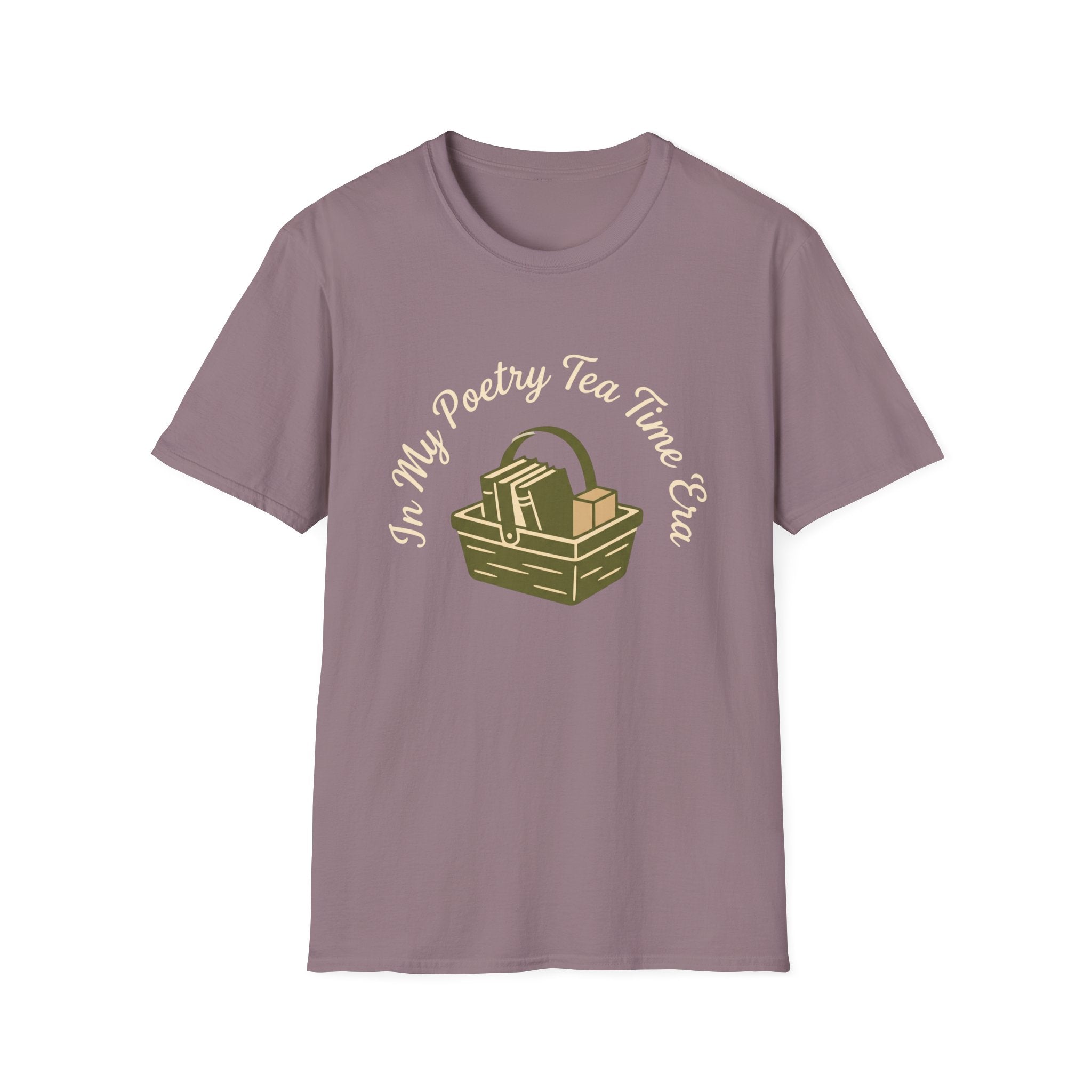 In My Poetry Tea Time Era homeschool mom t-shirt with books and tea basket graphic