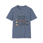 Faith Home Learning homeschool mom graphic t-shirt with a faith-filled homeschool design with gentle lettering and classic illustrative details