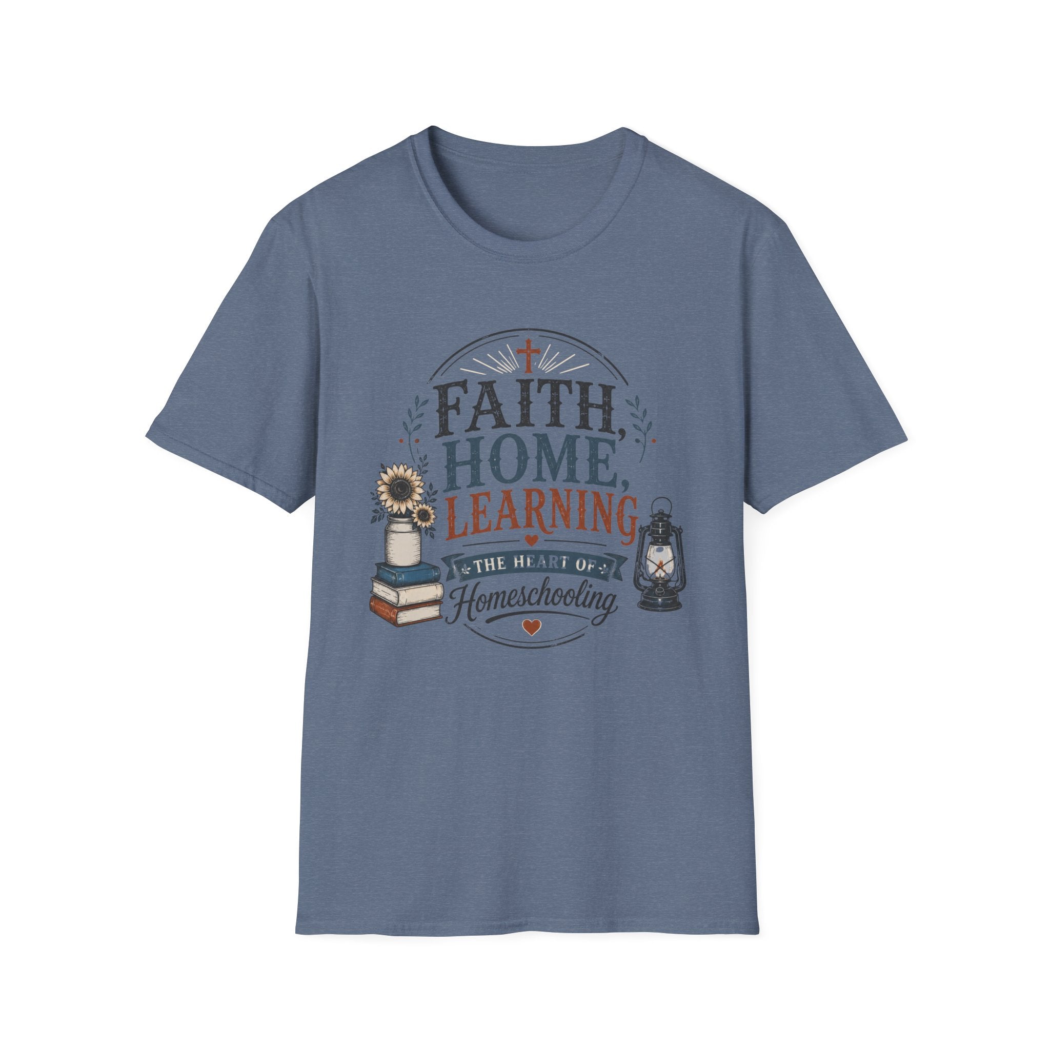 Faith Home Learning homeschool mom graphic t-shirt with a faith-filled homeschool design with gentle lettering and classic illustrative details