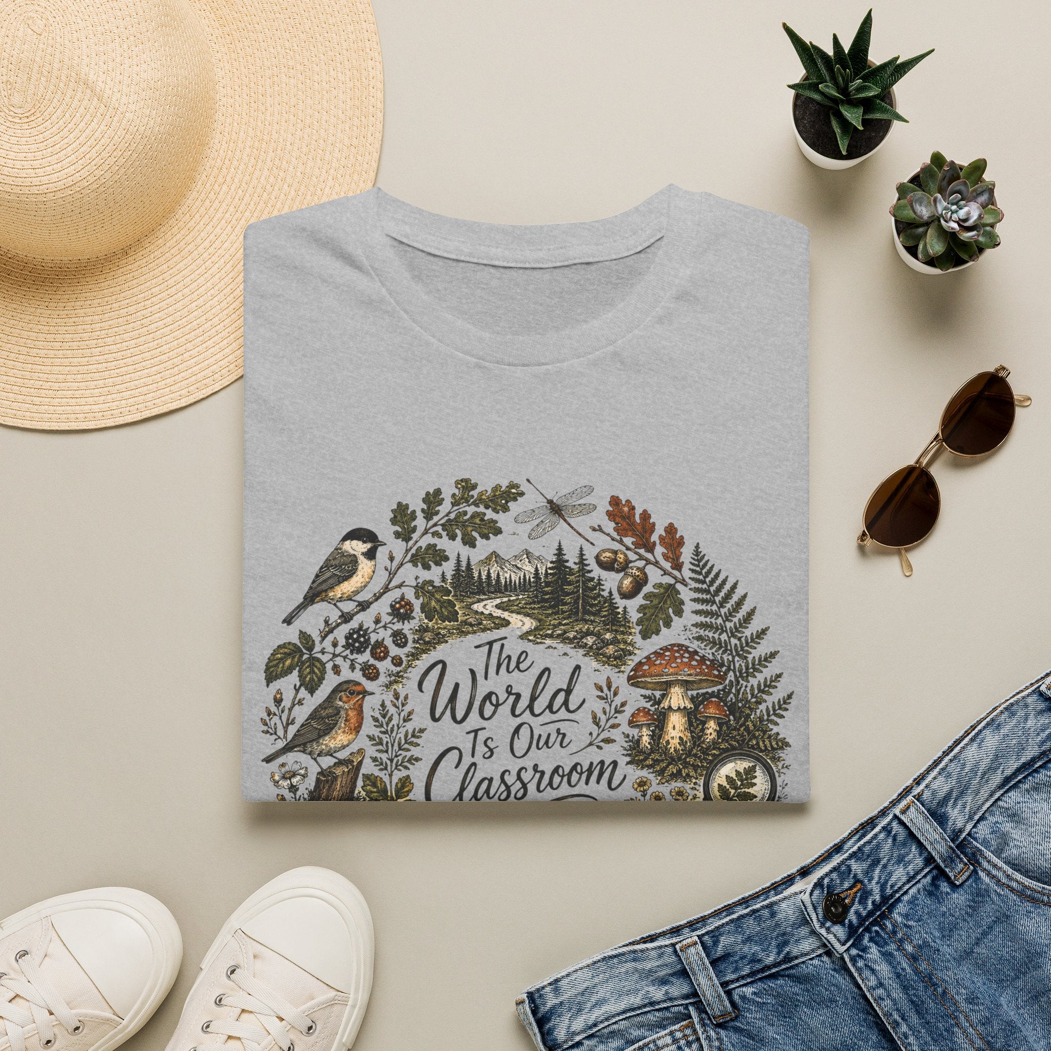The World Is Our Classroom homeschool mom graphic t-shirt with an adventurous homeschool graphic with nature, books, and outdoor learning energy