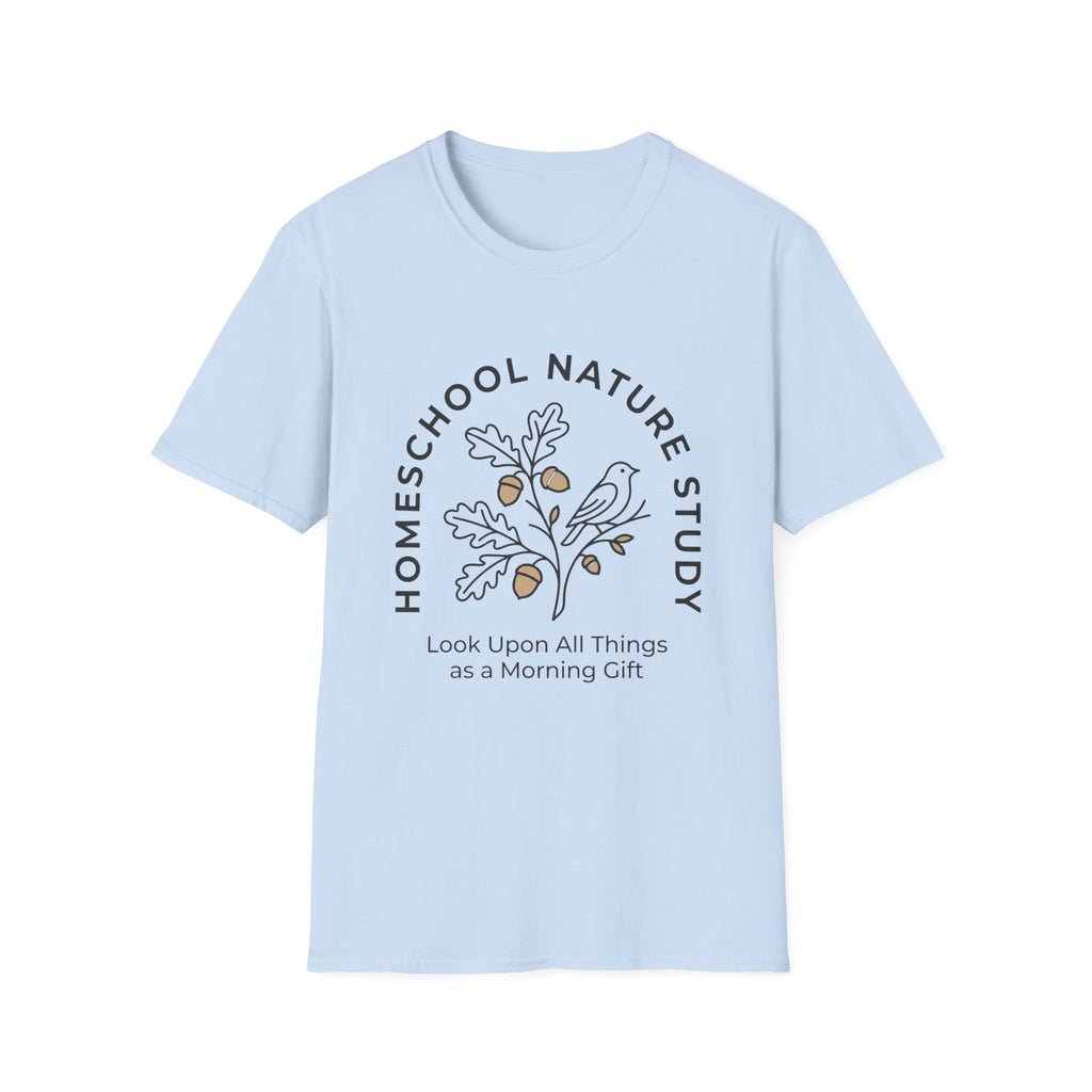 Homeschool Nature Study homeschool mom graphic t-shirt with a Charlotte Mason-inspired design with nature details, bookish elements, and classic homeschool lettering