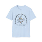 Homeschool Nature Study homeschool mom graphic t-shirt with a Charlotte Mason-inspired design with nature details, bookish elements, and classic homeschool lettering
