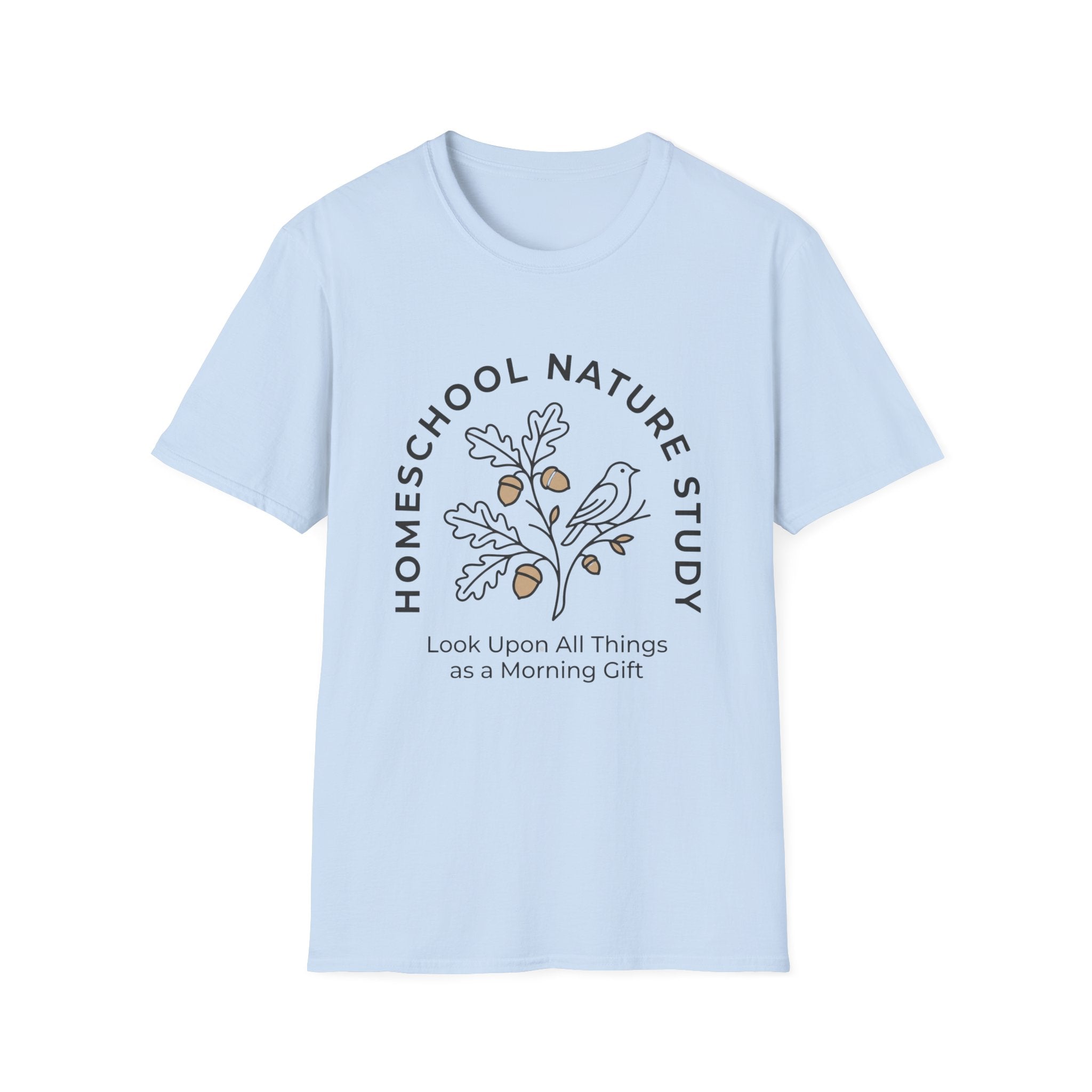 Homeschool Nature Study homeschool mom graphic t-shirt with a Charlotte Mason-inspired design with nature details, bookish elements, and classic homeschool lettering