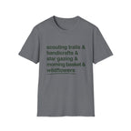 Scouting Trails Check List homeschool mom graphic t-shirt with a playful checklist-style homeschool graphic with bookish and nature-inspired details